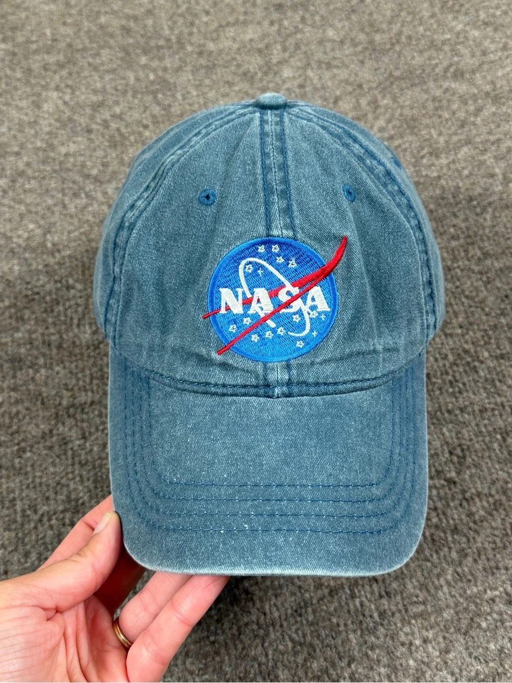 Vintage NASA Blue Denim Baseball Cap Hat Embroidered Logo Patch Adjustable Faded